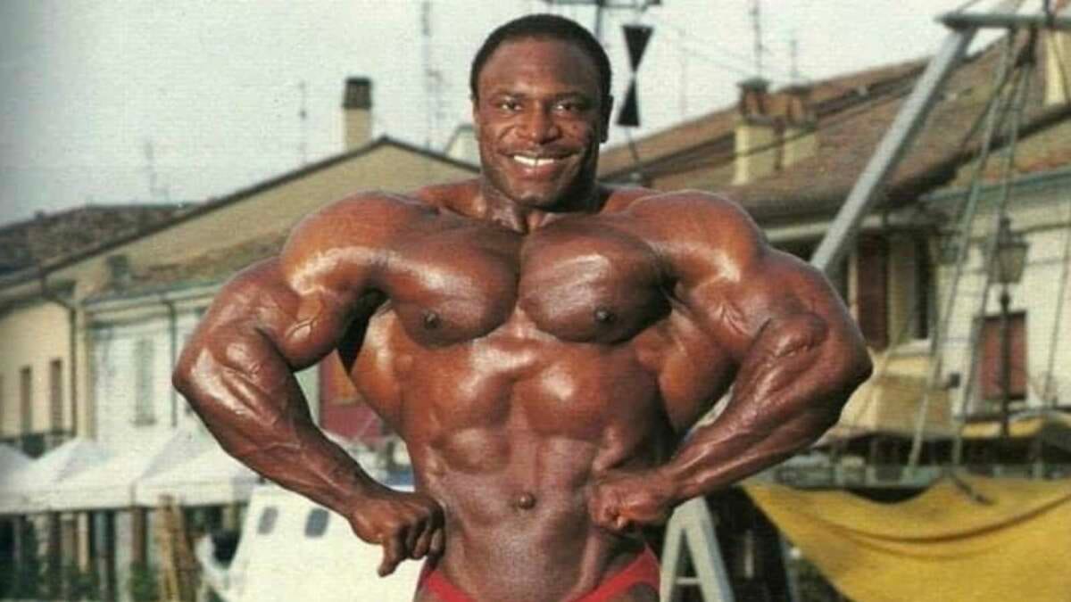 Lee Haney flexing chest and arms old school photo