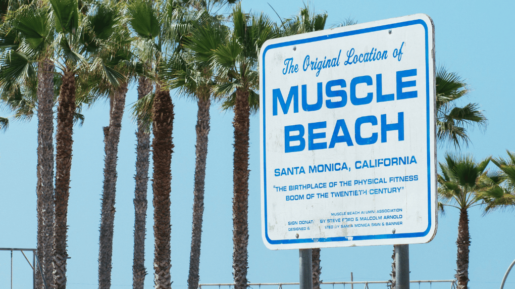 Sign of the original Muscle Beach in Santa Monica, California. 