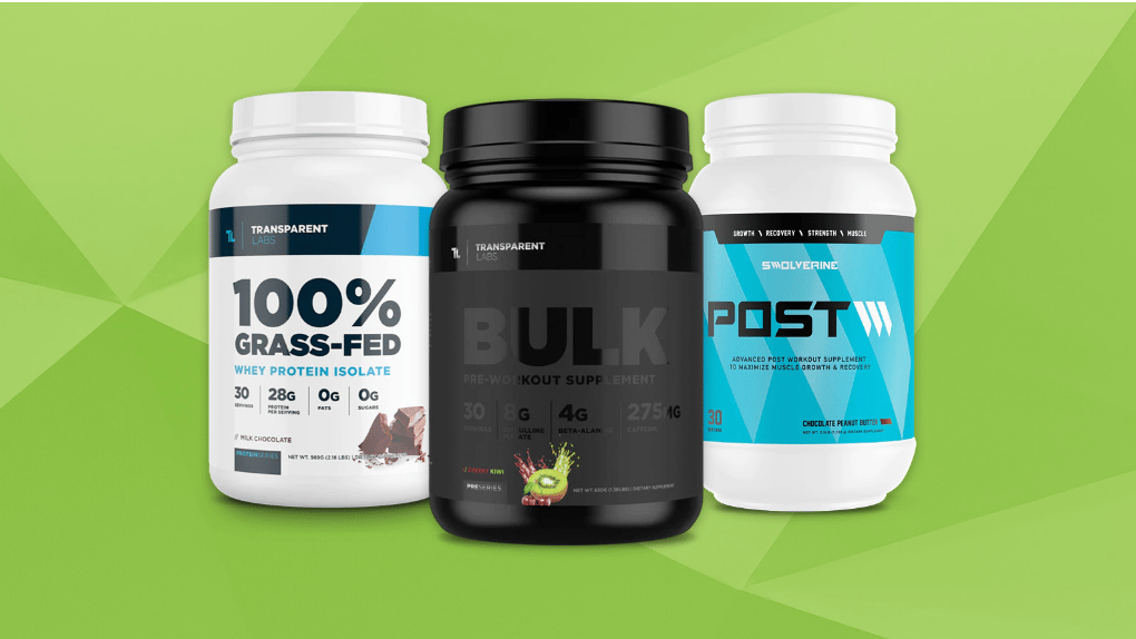 Different types of supplements lined up together against a green backgroud
