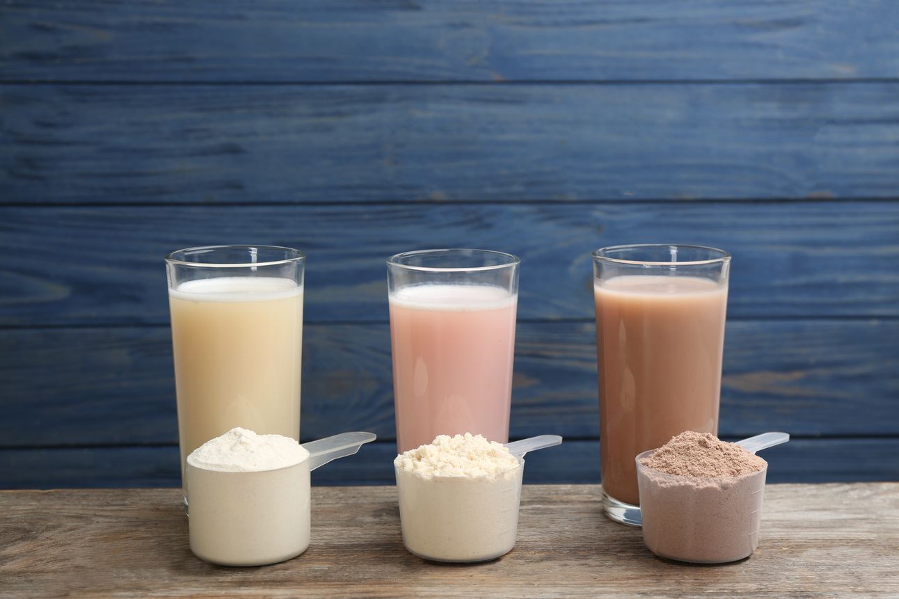 Different glasses with different proteins and mixes in front of them